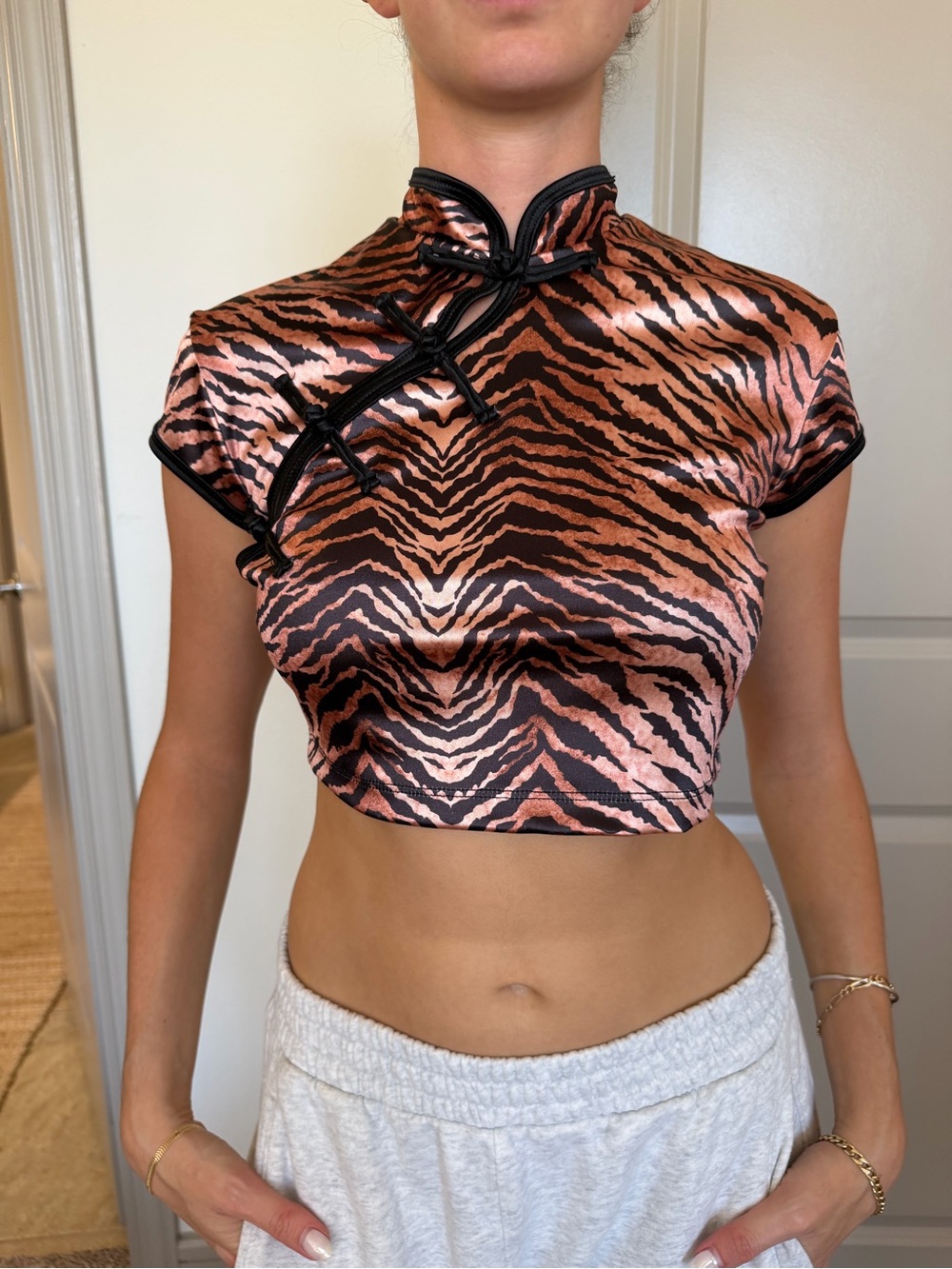Motel Rocks Copper and Black Tiger-Print Satin Crop Top